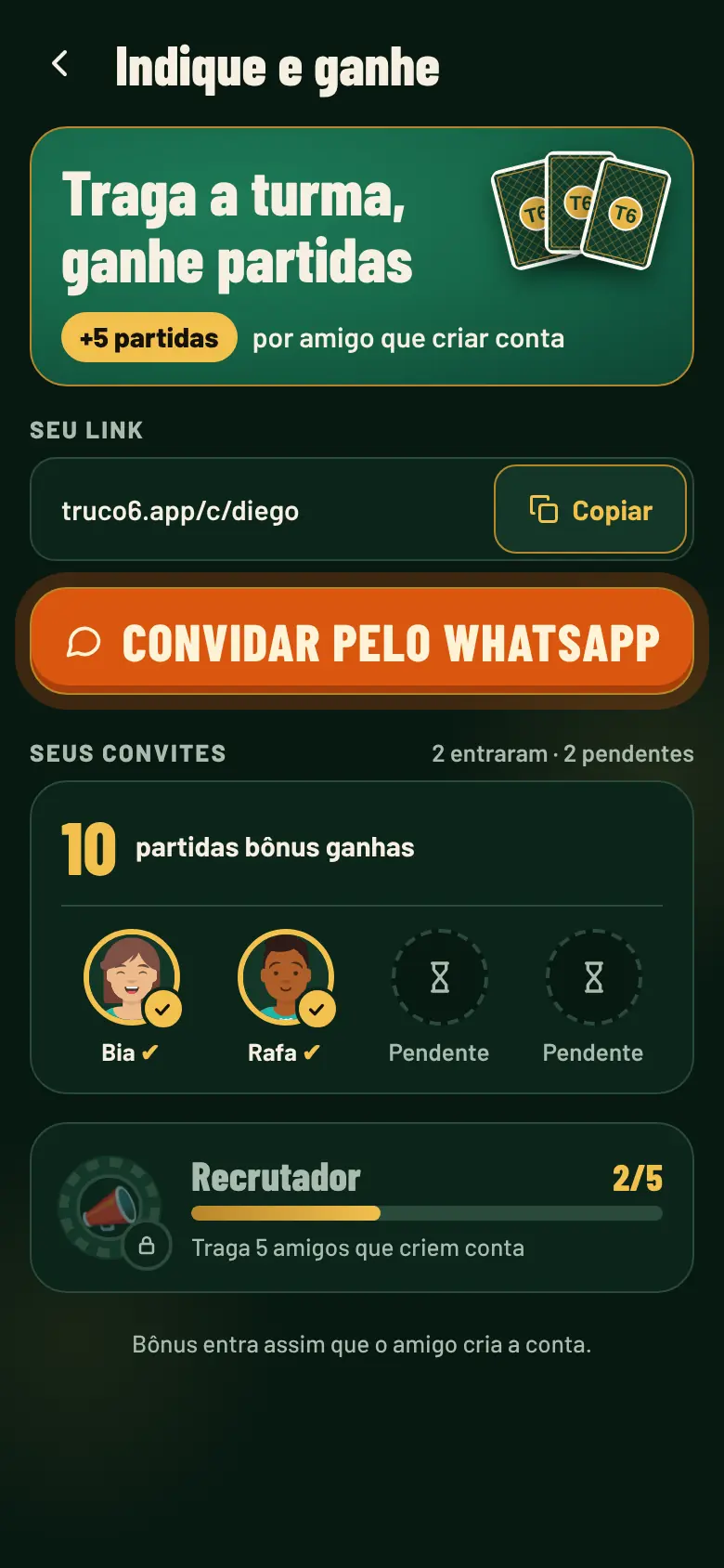 Tela Indique e ganhe com o link, os amigos que entraram e o progresso do badge Recrutador